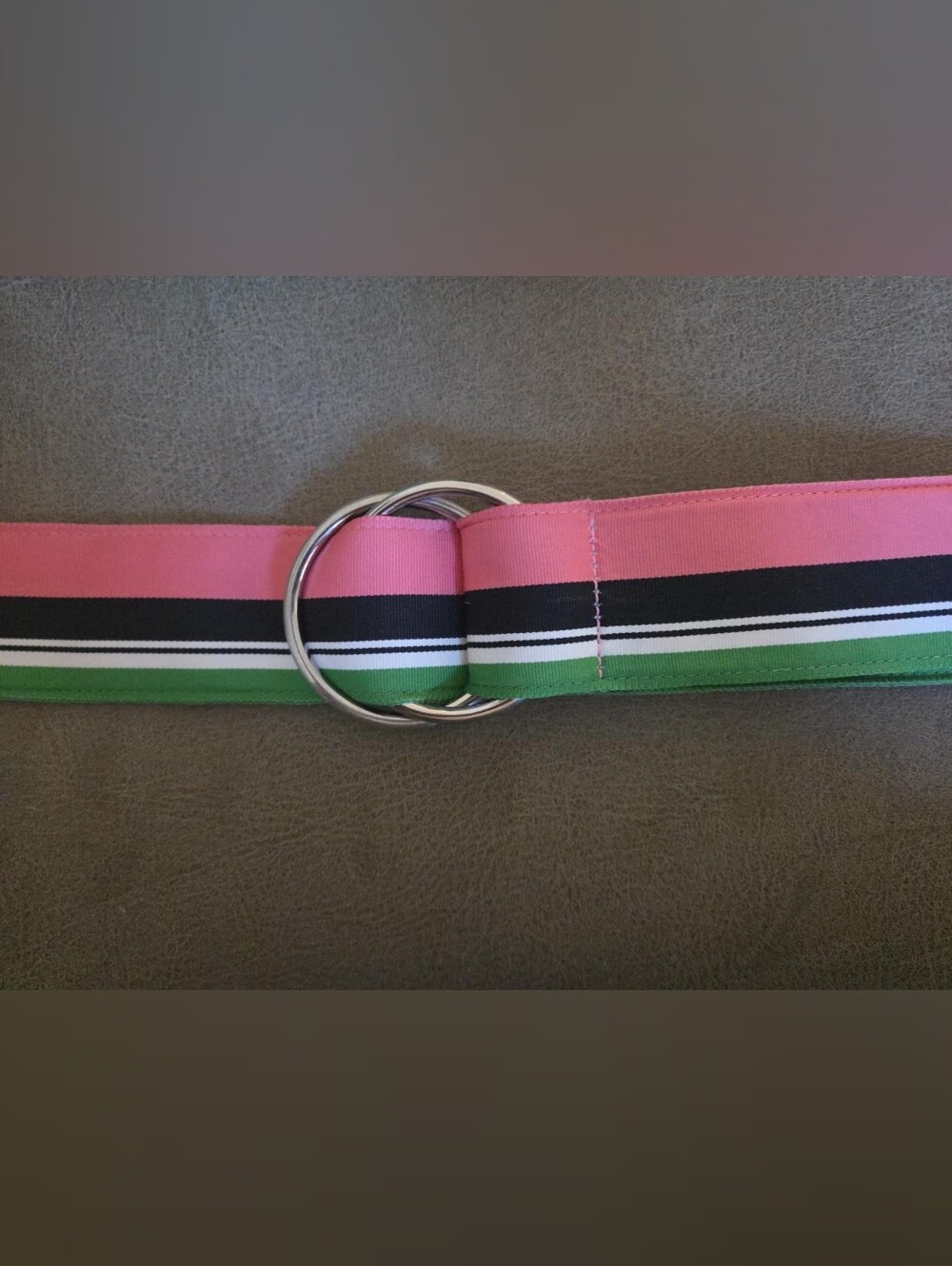 J. Crew Pink, Green and Black Striped Belt with Double Ring Buckle - Picture 3 of 3